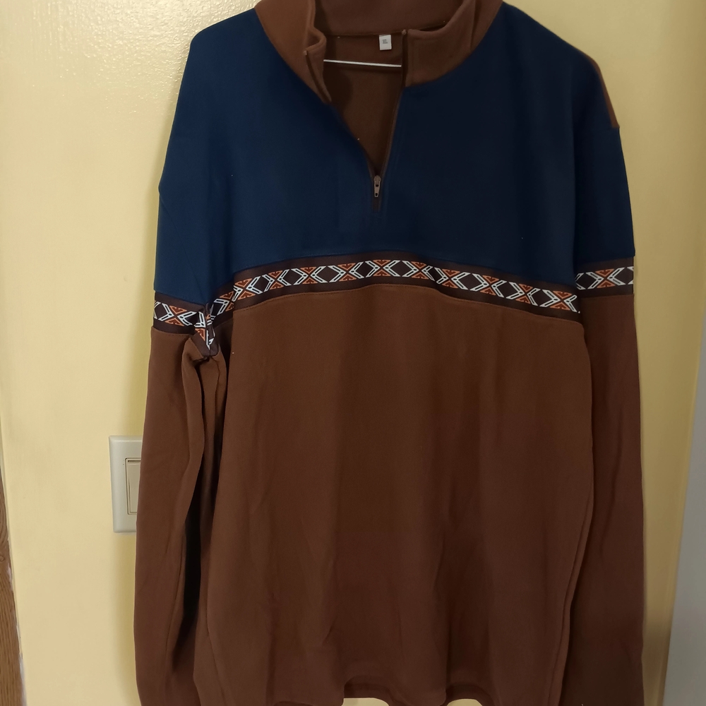 Navy and Brown Men's Sweatshirt with Patterned Trim